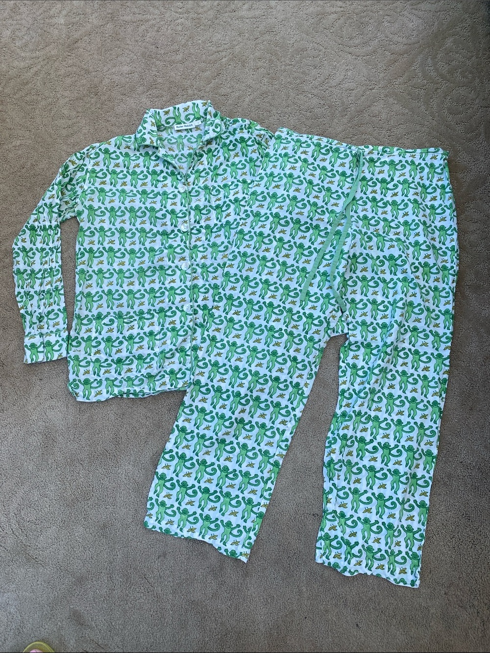 Roller Rabbit White Pajama Set with Green Monkey Print